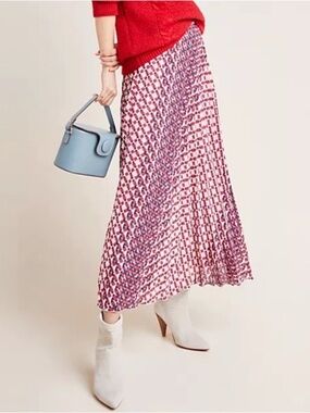 Anthropologie Pink Patterned Pleated Maxi Skirt
